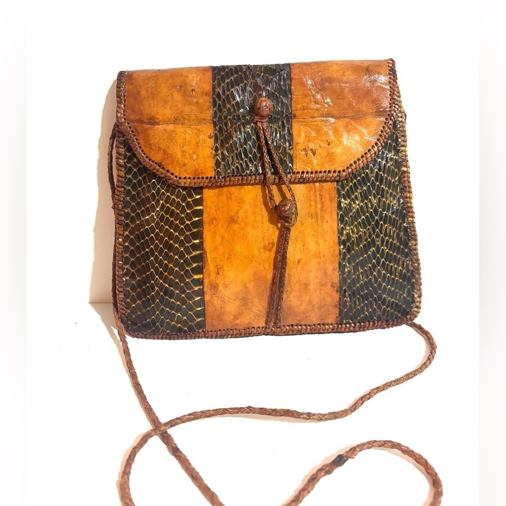 Vintage handmade snakeskin leather Brown and Black Leather Crossbody Bag